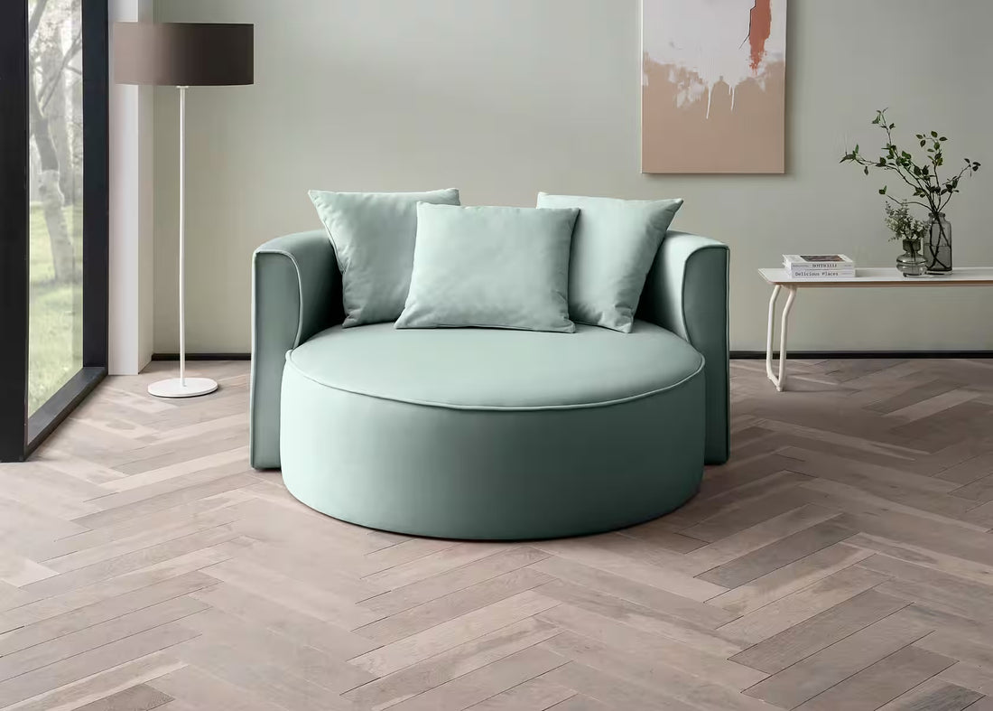Fotoliu rotund modern pentru living 153 cm, tapițat în catifea turcoaz, design confortabil elegant contemporan