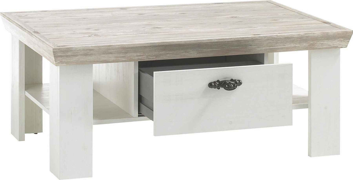 Masuta de cafea dreptunghiulara cu sertar, MDF, culoare alb-maro deschis, 109 cm, design modern cu spatiu de depozitare si manere negre elegante