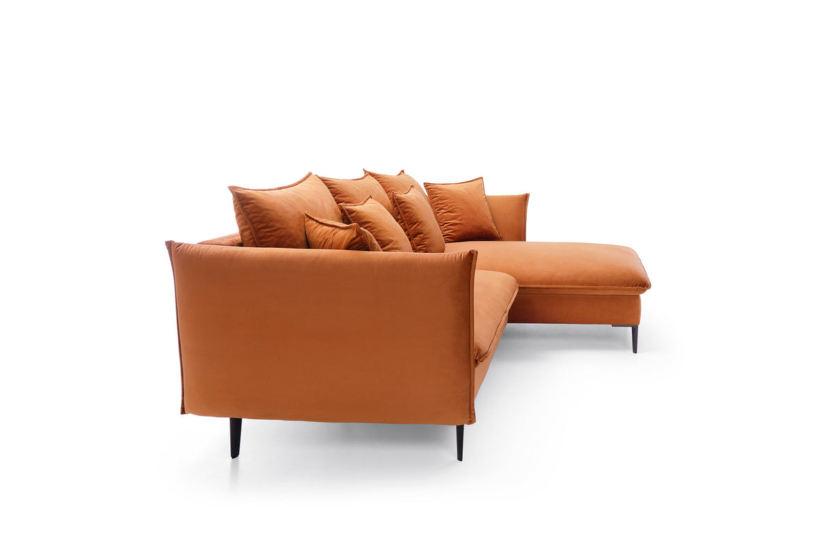 Colțar extensibil modern cu ladă de depozitare pentru living 258 cm, tapițat în material catifelat, picioare metalice negre și extensie 140x220 cm, design elegant contemporan ISALDA