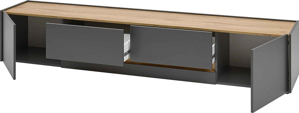 Set living modern cu comodă TV și etajeră, 300 cm, culoare negru-stejar, design elegant și spațiu generos de depozitare pentru living