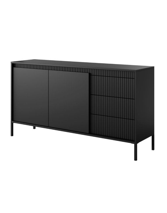 Comodă grafit 153 cm cu 3 sertare și 2 compartimente, design modern minimalist cu fronturi riflate și finisaj mat pentru living sau dormitor, înălțime 81 cm STRIA