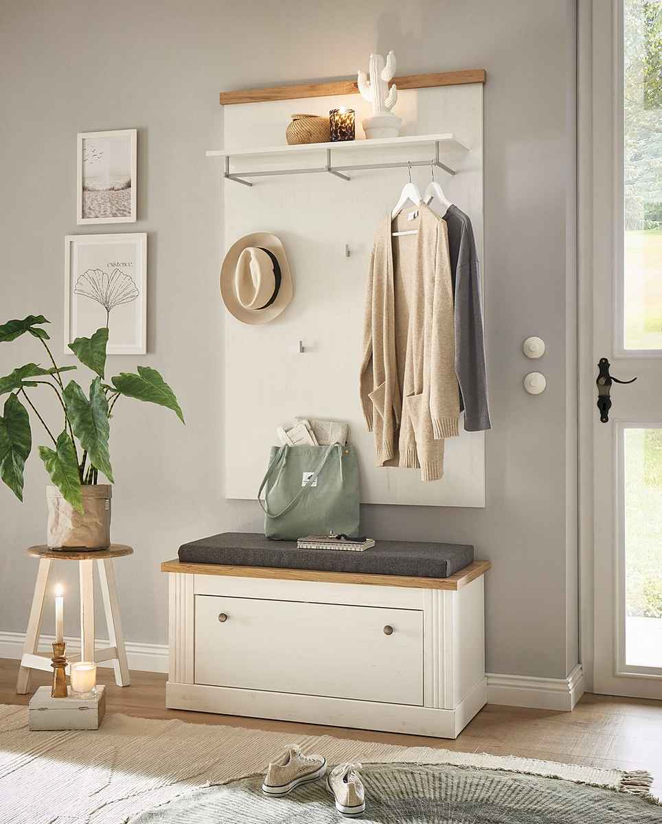 Cuier 91 cm, cu 5 cârlige, structură MDF și metal, culoare alb-maro deschis, design modern pentru hol, 160 cm înălțime