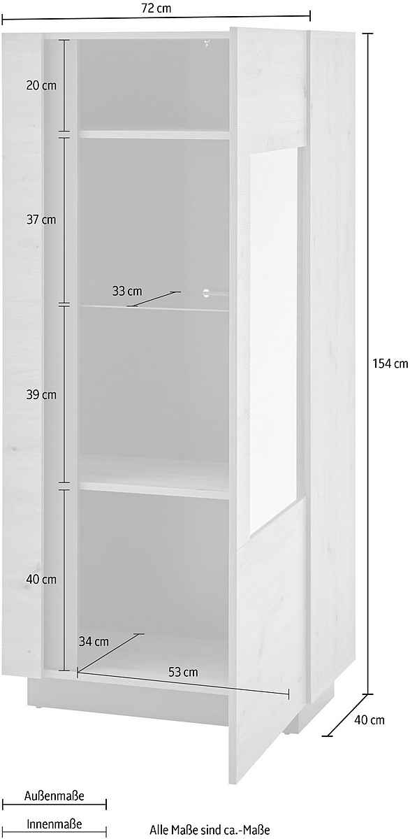 Vitrină modernă 72 cm lățime, culoare stejar, 154 cm înălțime, 1 ușă și 3 rafturi, design elegant și funcțional pentru depozitare și expunere, model ELEMENT