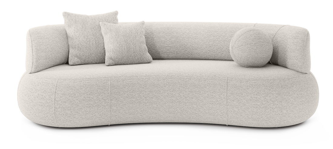 Canapea modernă curbată pentru living 250 cm, tapițată în material bouclé bej, design elegant cu spatar pe ambele parti IVONA