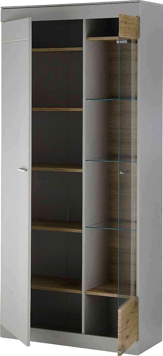 Vitrină modernă 199 cm, culoare gri-maro, 2 uși și 10 rafturi, 12 compartimente, design spațios și organizat pentru depozitare și expunere în living