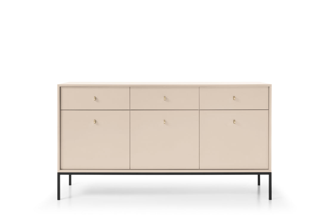 Comodă living modernă 154 cm cu 3 uși și 3 sertare, MDF și metal, finisaj crem mat, picioare negre PALAZZO