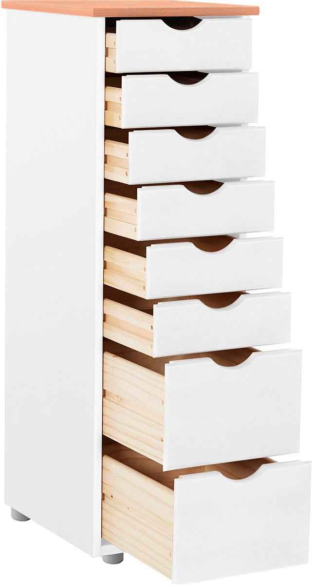Comodă alb maro 34 cm cu 8 sertare din lemn masiv, design clasic compact pentru dormitor sau hol, înălțime 102 cm VENETIA