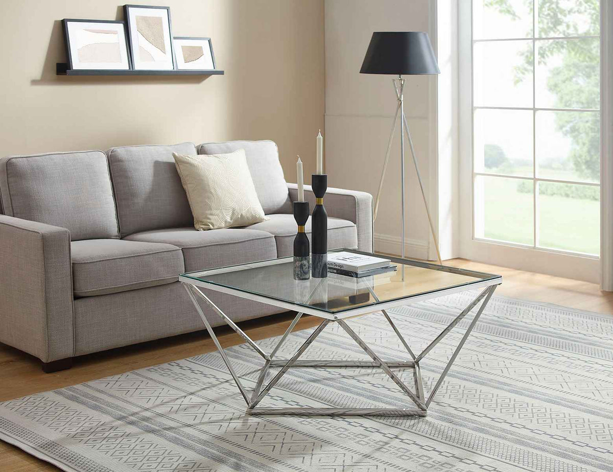 Masuta de cafea patrata din metal, culoare gri, 90 cm, design modern si rezistent, ideala pentru livinguri contemporane