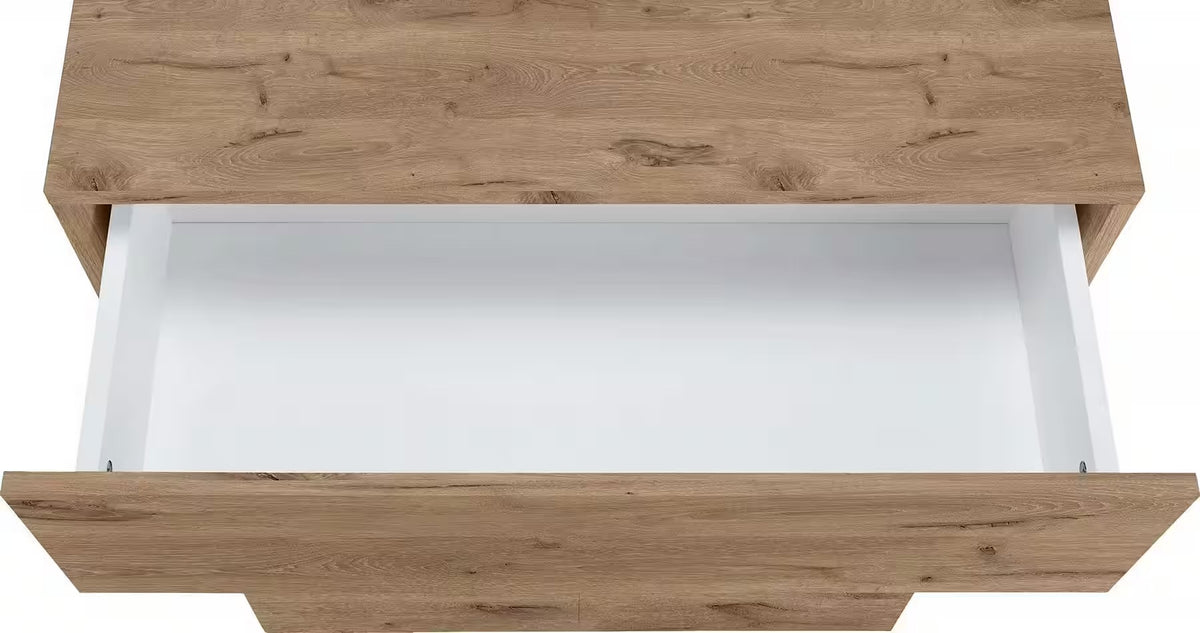 Comodă stejar închis gri 80 cm cu 2 uși, 2 sertare și raft, stil clasic pentru living sau dormitor, înălțime 98 cm VEGAS