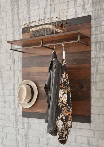 Cuier 80 cm, cu 3 cârlige, bară pentru haine și raft, structură MDF și metal, culoare maro-negru, design industrial modern, 100 cm înălțime