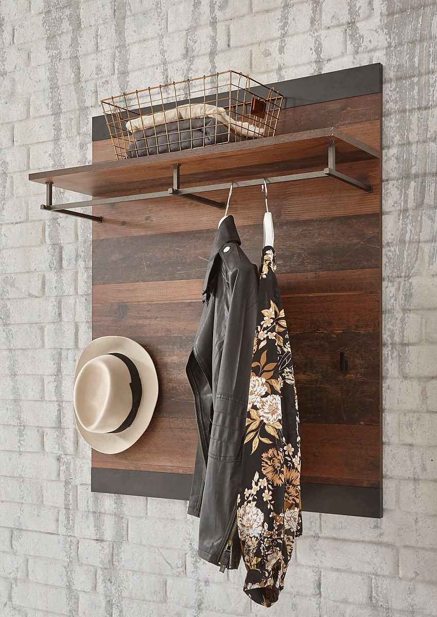 Cuier 80 cm, cu 3 cârlige, bară pentru haine și raft, structură MDF și metal, culoare maro-negru, design industrial modern, 100 cm înălțime