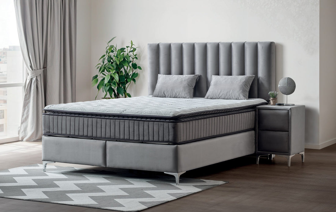 Pat Boxspring PARMA cu lada de depozitare, structura metalica, saltea premium cu topper integrat, material catifelat
