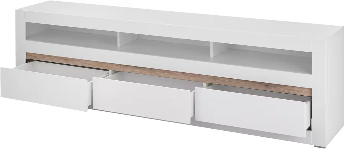 Comodă TV albă 217 cm cu 3 sertare și compartimente, fronturi MDF, design modern pentru living