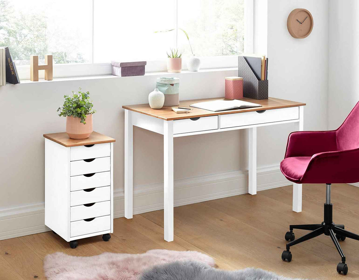 Comodă alb maro 34 cm cu 8 sertare din lemn masiv, design clasic compact pentru dormitor sau hol, înălțime 102 cm VENETIA