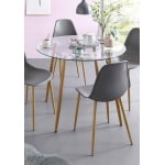 Masă dining 100x75 cm, blat din sticlă 0,7 cm, picioare aspect lemn stejar, înălțime 75 cm, design modern pentru bucătărie sau living