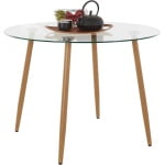 Masă dining 100x75 cm, blat din sticlă 0,7 cm, picioare aspect lemn stejar, înălțime 75 cm, design modern pentru bucătărie sau living - imagine 2