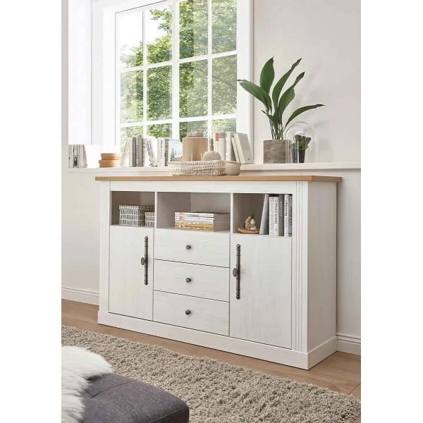 Comodă ~Mykonos~ cu aspect de lemn, culoare alb-maro, într-un stil rustic, 150 cm lungime