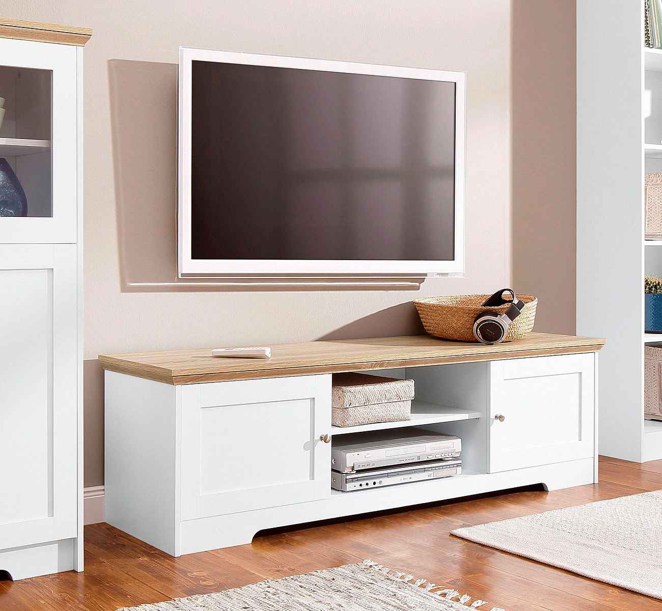 7359D0A1-87A8-4DF8-9605-7878C50C8BA3 Comoda TV, 158 cm latime, culoare alb/stejar sonoma - imagine 1