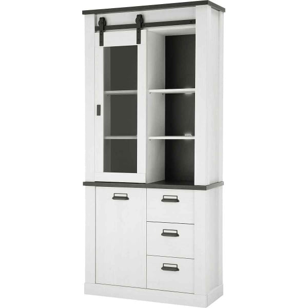 Vitrină ~Hayak~ cu aspect de lemn, într-un stil rustic, uși tip hambar, culoare alb-negru, 92 cm