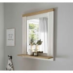 Oglindă 60 cm, cu poliță, culoare alb-maro, MDF și PAL, design practic pentru baie sau hol, 75 cm înălțime