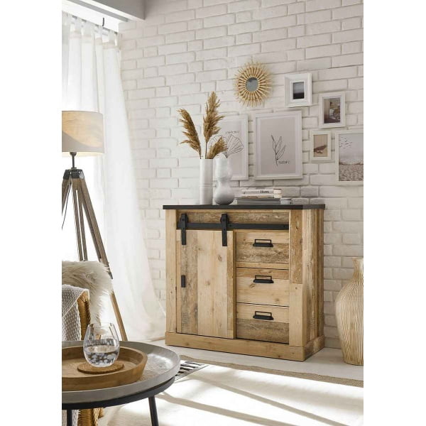 Comodă înaltă ~Hayak~ maro-negru, cu aspect de lemn, uși tip hambar, 93 cm lățime - imagine 1