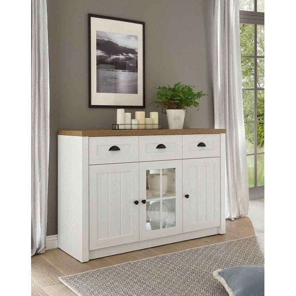 Comodă înaltă ~Paris~ albă, cu aspect de lemn modern, 130 cm lățime
