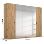 Dulap 251 cm lungime, 5 uși batante, oglinda pe mijloc, culoare stejar, 223 cm înălțime - imagine 8