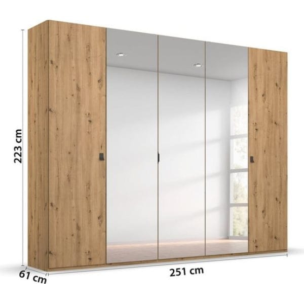 Dulap 251 cm lungime, 5 uși batante, oglinda pe mijloc, culoare stejar, 223 cm înălțime - imagine 8