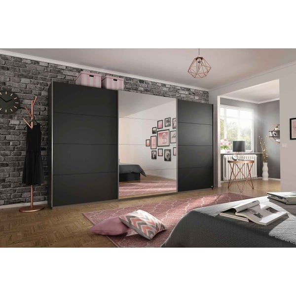 Dressing 360 cm lungime, 3 uși glisante, culoare gri antracit, oglinda pe mijloc, 210 cm înălțime - imagine 1