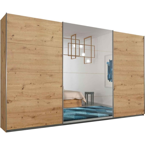 Dressing 360 cm lățime, culoare stejar, 3 uși glisante, oglindă pe mijloc, compartimentare premium, înălțime 230 cm - imagine 2