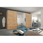 Dressing 360 cm lățime, culoare stejar, 3 uși glisante, oglindă pe mijloc, compartimentare premium, înălțime 230 cm