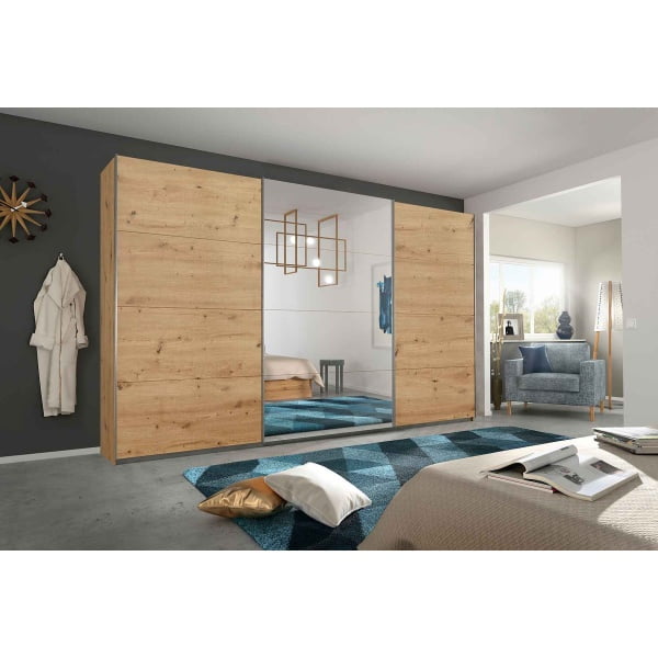 Dressing 360 cm lățime, culoare stejar, 3 uși glisante, oglindă pe mijloc, compartimentare premium, înălțime 230 cm - imagine 1