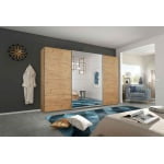 Dressing 315 cm lățime, 3 uși glisante, culoare stejar, oglinda pe mijloc, compartimentare premium, 210 cm înălțime