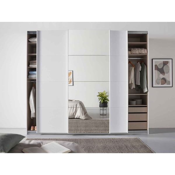 Dressing 271 cm, 3 uși glisante, oglinda pe mijloc, culoare alb, compartimentare premium, 230 cm înălțime - imagine 1