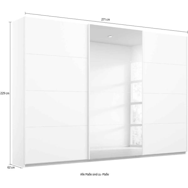 Dressing 271 cm, 3 uși glisante, oglinda pe mijloc, culoare alb, compartimentare premium, 230 cm înălțime - imagine 6