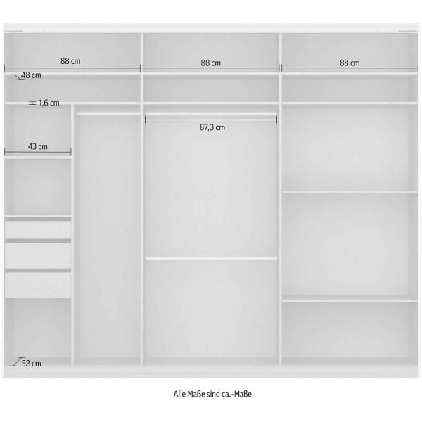 Dressing 271 cm, 3 uși glisante, oglinda pe mijloc, culoare alb, compartimentare premium, 230 cm înălțime - imagine 7
