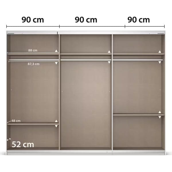 Dressing 271 cm lățime, 3 uși glisante, oglindă pe mijloc, culoare gri mătase, 210 cm - imagine 10