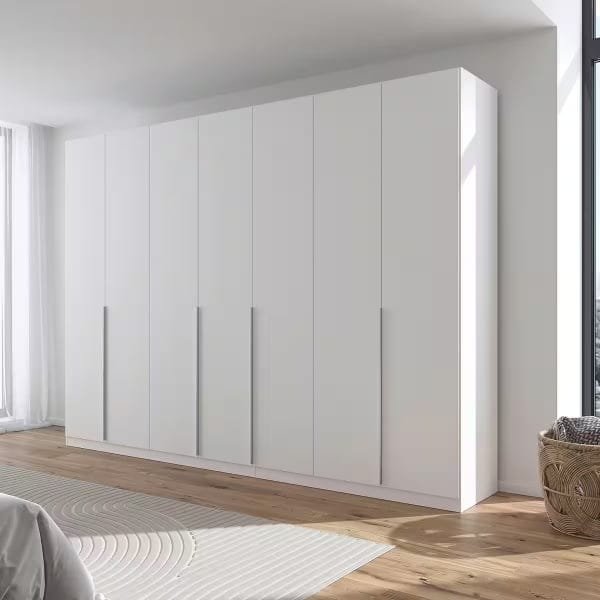 Dulap 315 cm lățime, 7 uși batante, culoare albă, compartimentare premium, mânere metalice, 229 cm inaltime - imagine 1