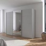 Dressing 271 cm lățime, 3 uși glisante, oglindă pe mijloc, culoare gri mătase, 210 cm