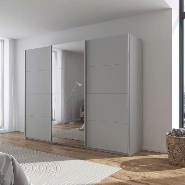 Dressing 271 cm lățime, 3 uși glisante, oglindă pe mijloc, culoare gri mătase, 210 cm - imagine 1