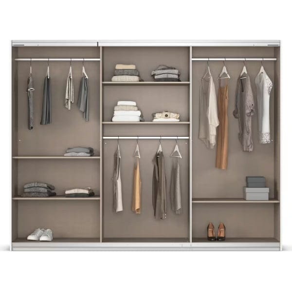 Dressing 271 cm lățime, 3 uși glisante, oglindă pe mijloc, culoare gri mătase, 210 cm - imagine 4