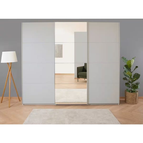 Dressing 271 cm lățime, 3 uși glisante, oglindă pe mijloc, culoare gri mătase, organizare premium, 229 cm inaltime - imagine 1