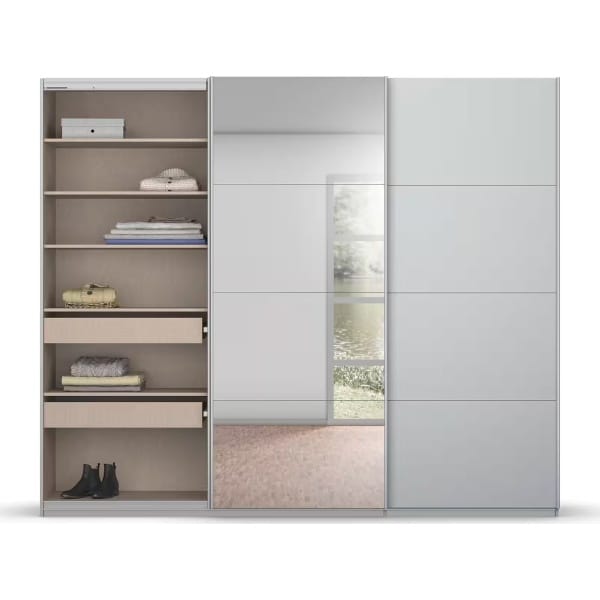 Dressing 271 cm lățime, 3 uși glisante, oglindă pe mijloc, culoare gri mătase, organizare premium, 229 cm inaltime - imagine 2