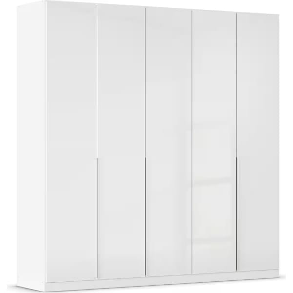 Dulap 225 cm lățime, 5 uși batante, mânere metalice, culoare alb lucios, compartimentare premium