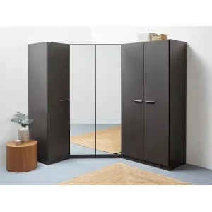 Dulap de colț 164/208 cm, reversibil, oglindă pe mijloc, culoare gri antracit, 5 uși batante, organizare premium, 197 cm înălțime