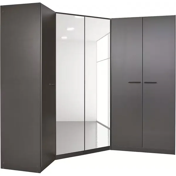 Dulap de colț 164/208 cm, reversibil, oglindă pe mijloc, culoare gri antracit, 5 uși batante, organizare premium, 197 cm înălțime