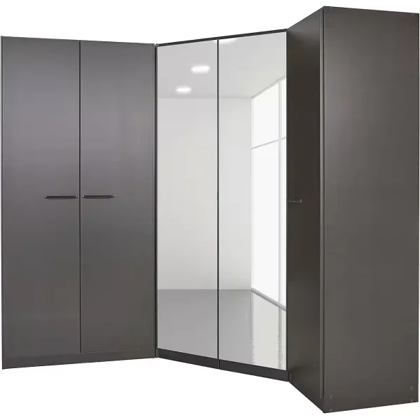 Dulap de colț 164/208 cm, reversibil, oglindă pe mijloc, culoare gri antracit, 5 uși batante, organizare premium, 197 cm înălțime