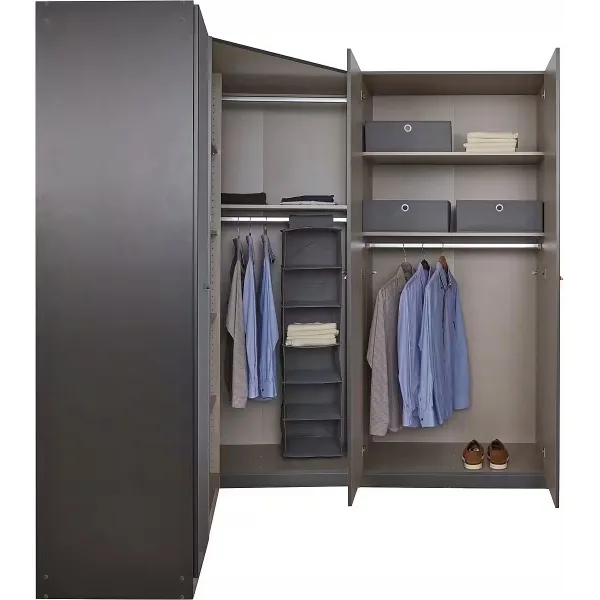 Dulap de colț 164/208 cm, reversibil, oglindă pe mijloc, culoare gri antracit, 5 uși batante, organizare premium, 197 cm înălțime
