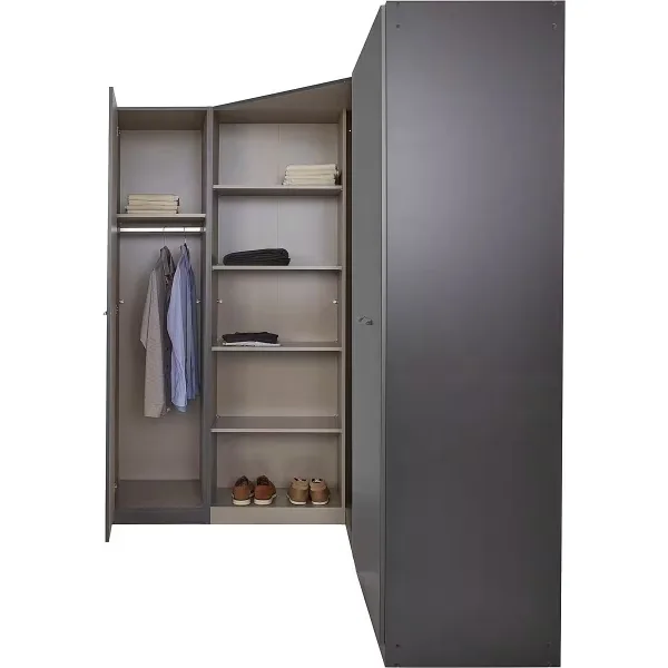 Dulap de colț 164/208 cm, reversibil, oglindă pe mijloc, culoare gri antracit, 5 uși batante, organizare premium, 197 cm înălțime