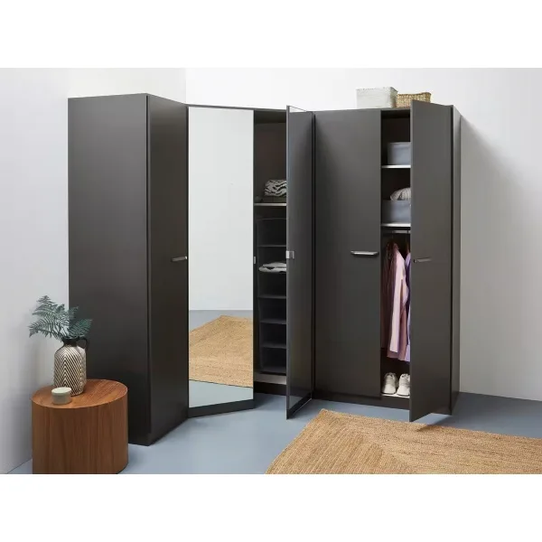 Dulap de colț 164/208 cm, reversibil, oglindă pe mijloc, culoare gri antracit, 5 uși batante, organizare premium, 197 cm înălțime